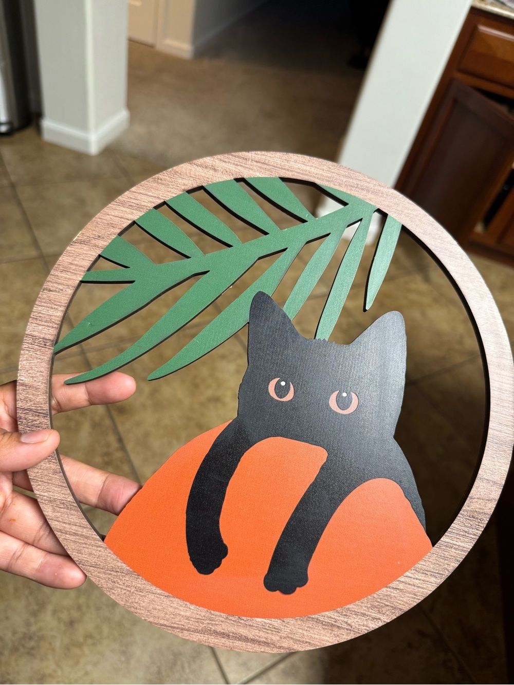 Black Cat Wall Art with Orange Pumpkin and Green Leaf